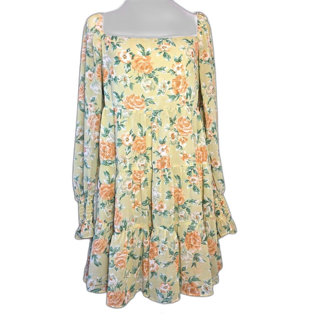 Lush Green Floral Mini Dress Sz Md Fairy Boho Peasant Y2K Summer Casual Cute